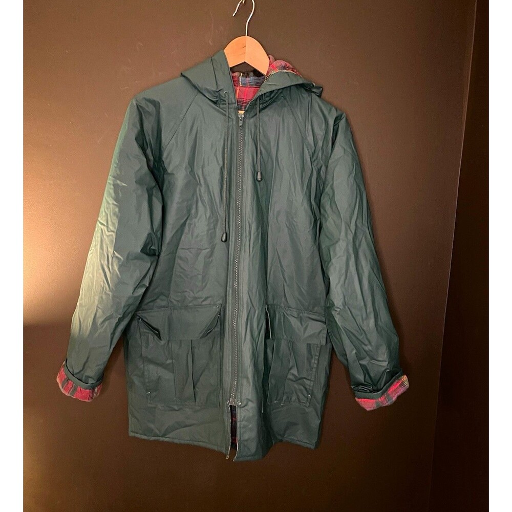 Vintage Misty Harbor Original Rain Jacket Womens M Green Plaid Lined Hooded